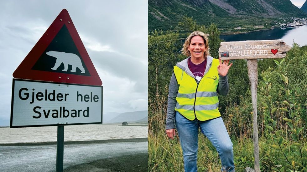 A polar bear sign and the author Tracy E. Gilchrist in Norway