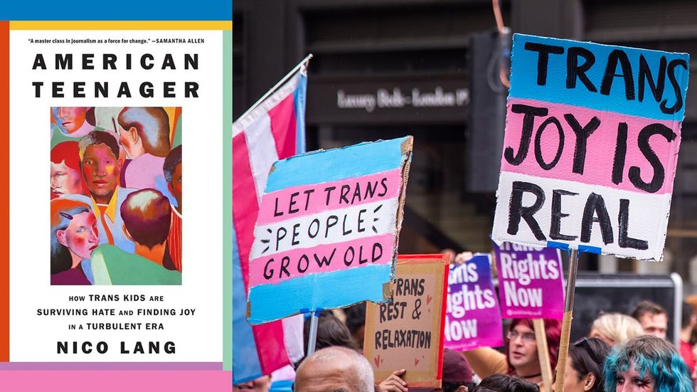 book cover american teenager by Nico Lang LGBTQIA parade signs trans joy is real let trans people grow old