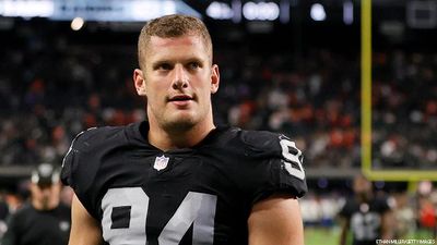 Las Vegas Raiders defensive end Carl Nassib (94) celebrates after