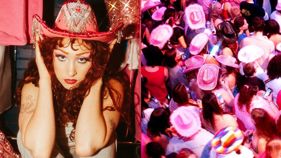 Chappell Roan poses for a portrait in her dressing room at the House of Blues in Chicago fans in mostly pink cowboy hats await stage performance