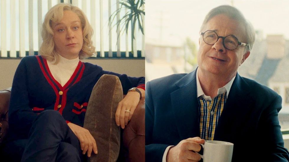 Chloe Sevigny as Kitty Menendez Nathan Lane as Dominick Dunne in Monsters The Lyle And Erik Menendez Story Netflix series