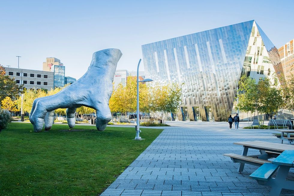 Cleveland, Ohio. The 7-ton, 21-foot-high Judy\u2019s Hand Sculpture outside the Museum of Contemporary Art Cleveland (MOCA)