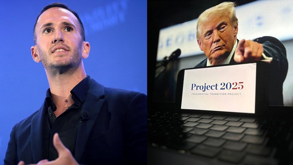 Corey DeAngelis Donald Trump laptop screen Project 2025 cellphone on keyboard