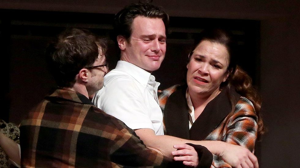Daniel Radcliffe Jonathan Groff Lindsay Mendez hugging Broadway hit musical Merrily we Roll Along