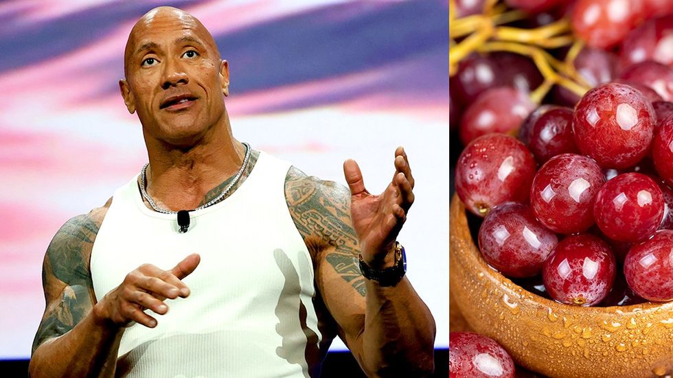 Dwayne Johnson The Rock speaks onstage during Cinemacon in Las Vegas Nevada wet red grapes in a bowl