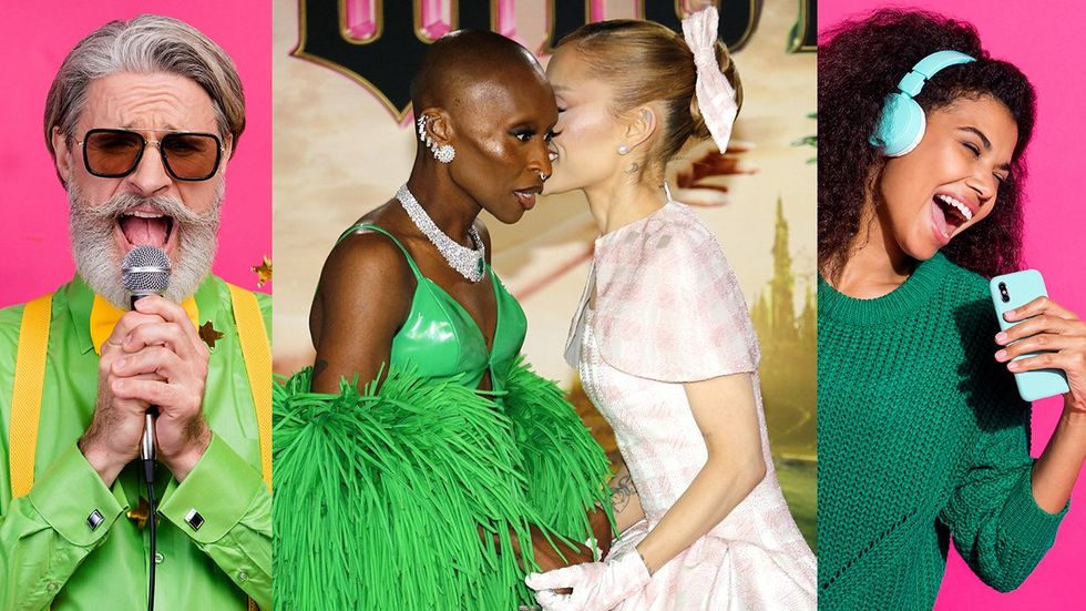 karaoke singers wearing green with pink background surrounding cynthia erivo getting a secret whisper from ariana grande at wicked movie premier