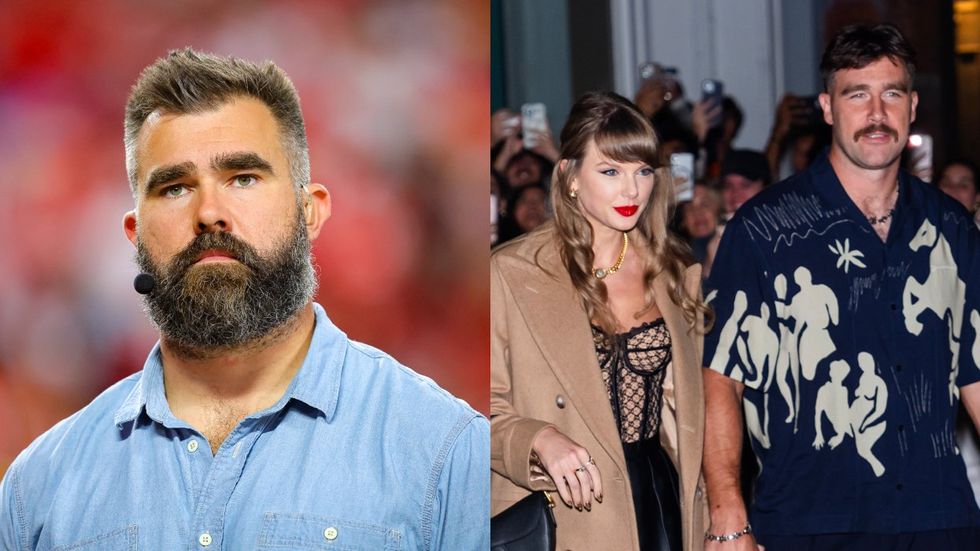 L to R: Jason Kelce; Taylor Swift and Travis Kelce