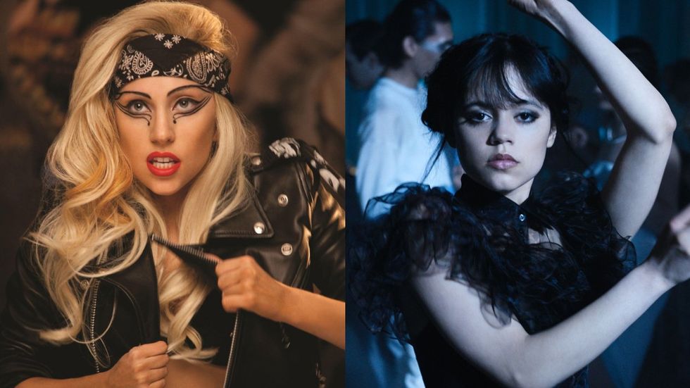 Lady Gaga in the Judas music video; Jenna Ortega on Wednesday