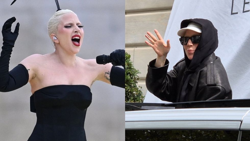 Lady Gaga performing during the opening ceremony of the Paris 2024 Olympics; Lady Gaga outside of a hotel in Paris