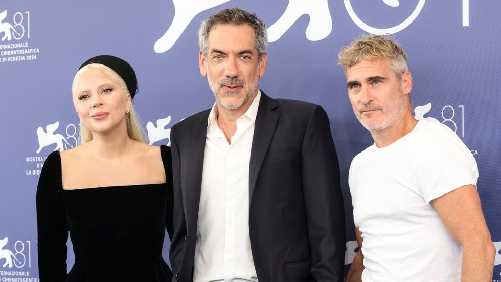 Lady Gaga, Todd Phillips, Joaquin Phoenix at the 2024 Venice International Film Festival promoting the new 'Joker' film. 