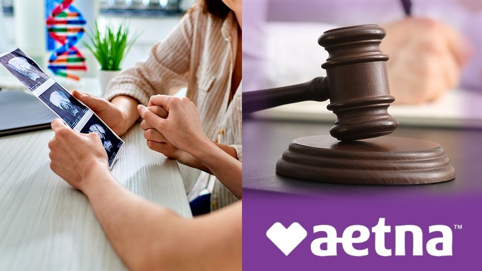 lesbians holding hands fetal ultrasound fertility doctor visit next to judges gavel over Aetna insurance company logo