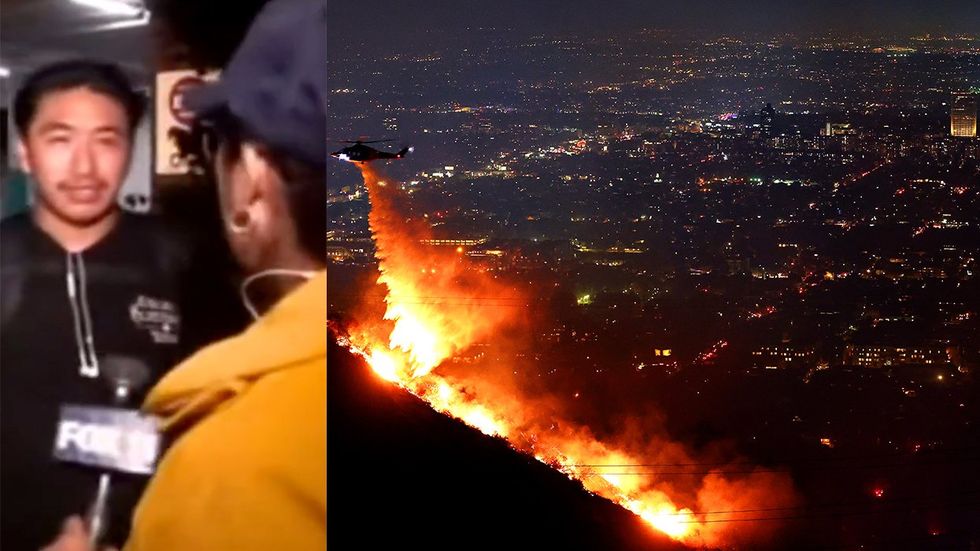 man on street talking to Fox11 news reporter firefighting helicopter drops water as the Sunset Fire burns in the Hollywood Hills with evacuations ordered January 2025 Los Angeles California