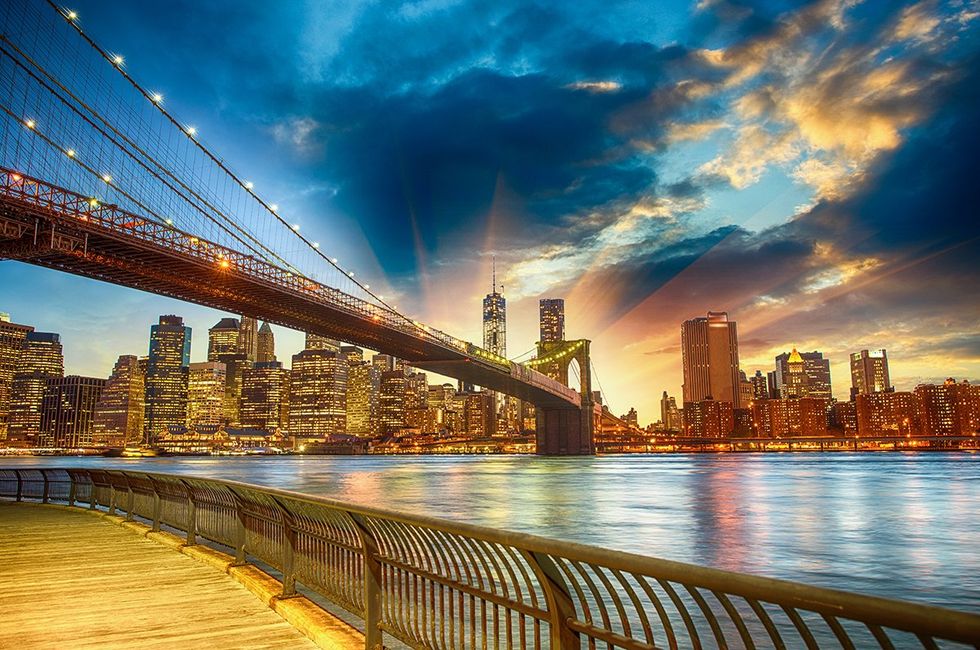 New York City, New York. Manhattan\u2019s spectacular skyline at sunset in NYC.