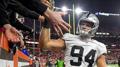 Las Vegas Raiders defensive end Carl Nassib (94) reacts after the Las Vegas  Raiders lost to the …