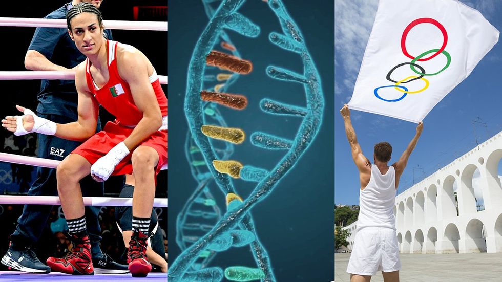 Olympic boxer Imane Khelif animated structure DNA molecule Athlete holding Olympic flag in plaza