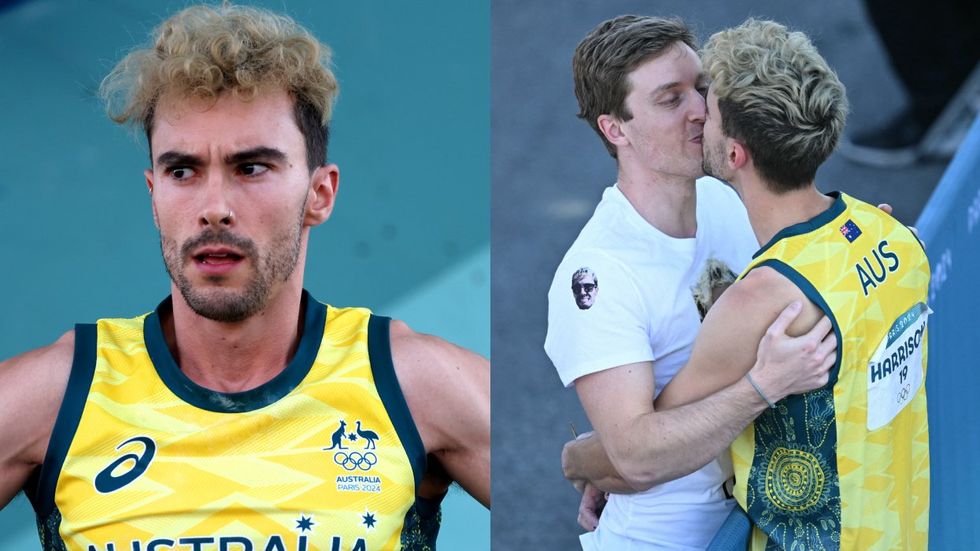 Olympic rock climber Campbell Harrison kisses his boyfriend.