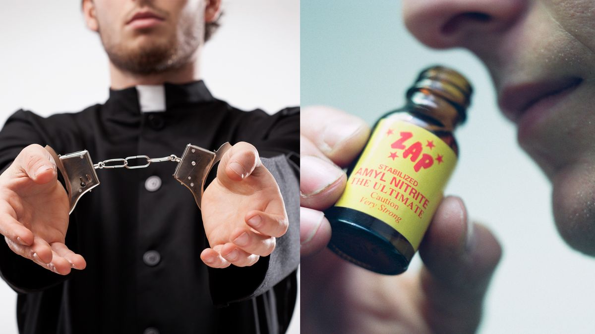 Priest in handcuffs and poppers