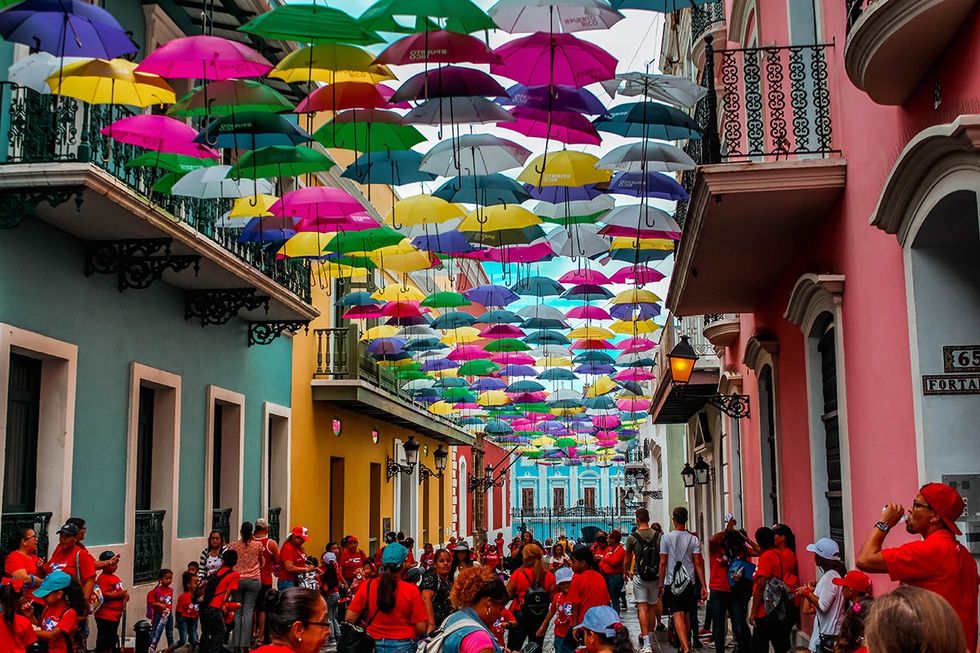 San Juan, Puerto Rico. Colorful umbrellas shade the Calle de la Fortaleza in San Juan, Puerto Rico