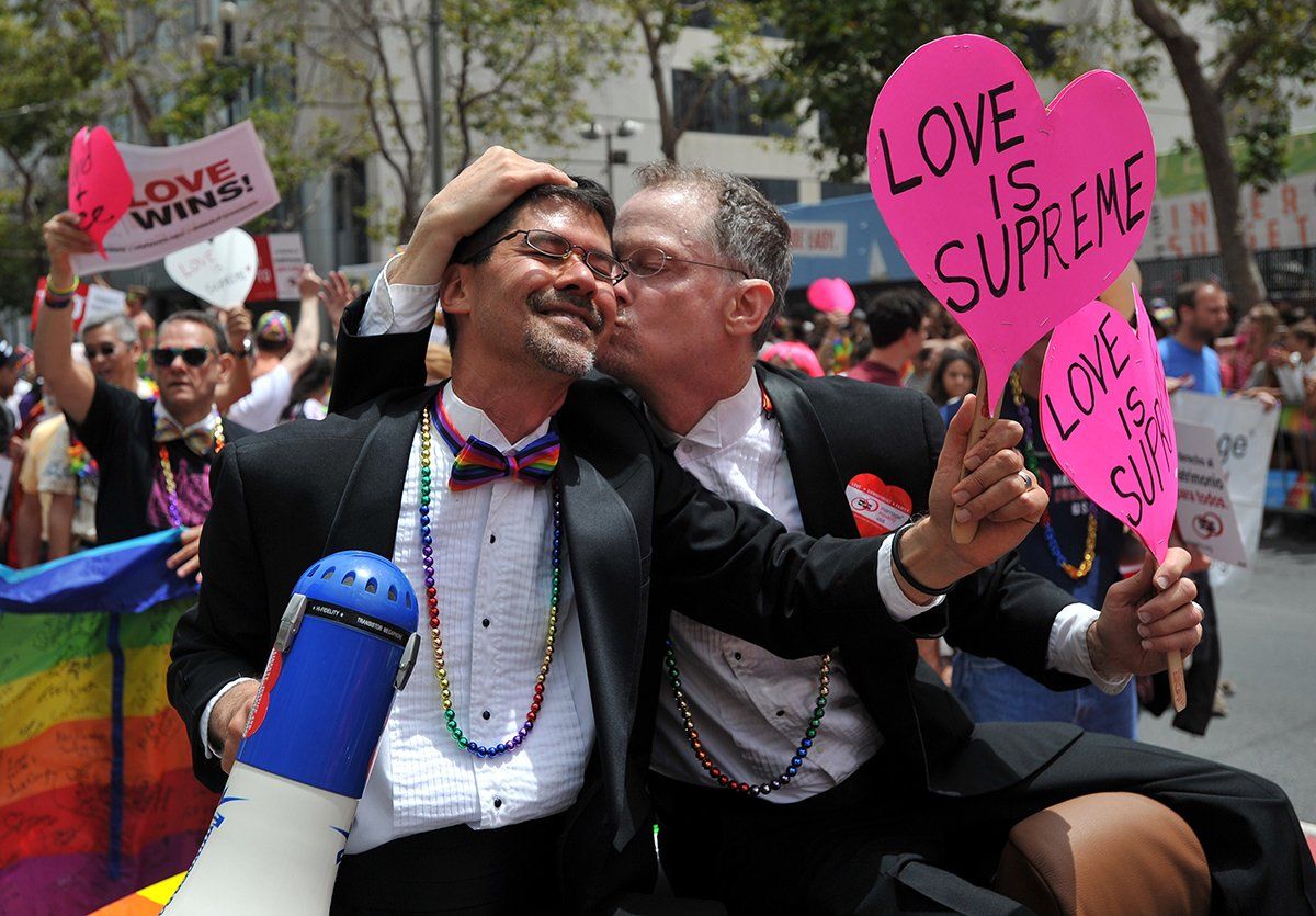 Stuart Gaffney John Lewis plaintiffs Defense of Marriage Act DOMA celebrate supreme court ruling gay men samesex marriage Market Street lgbtq pride parade san francisco 2015