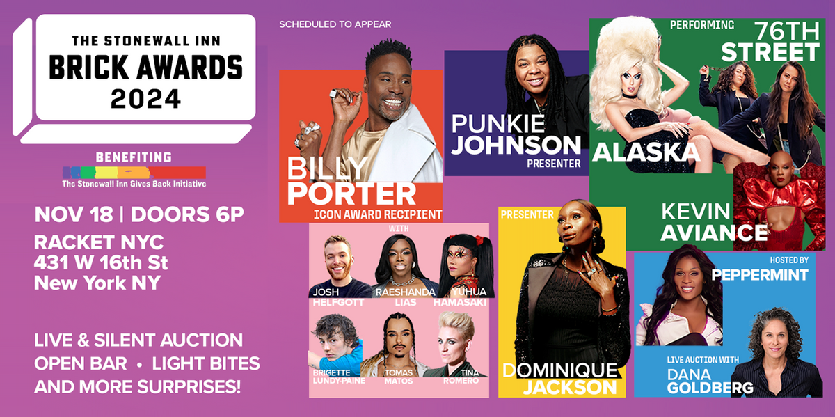 Stonewall Inn Brick Awards Gala to honor Billy Porter with Peppermint, Punkie Johnson, Dominique Jackson, Alaska & more