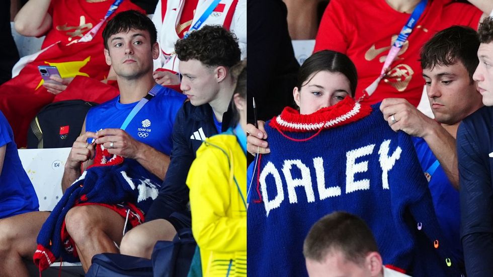 Tom Daley knitting at the 2024 Paris Olympic games.