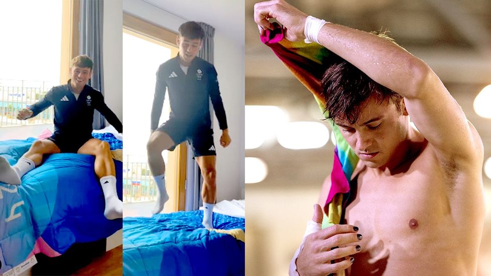 Tom Daley olympic bed jumping diving sexy wet rainbow towel