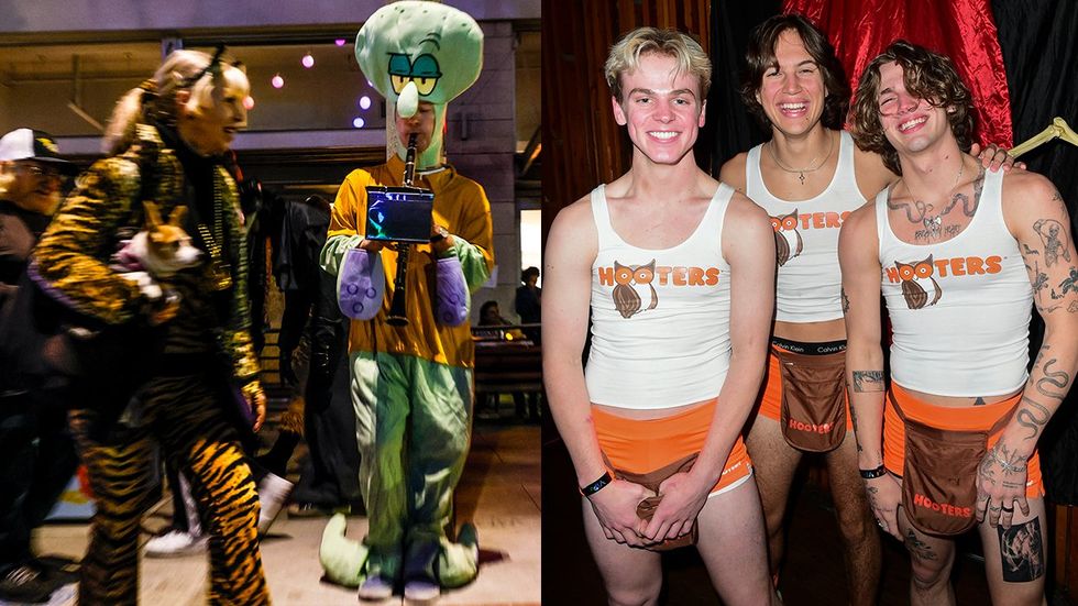 West Hollywood Halloween Carnaval Squidward plays clarinet three guys dressed as hooters waitresses